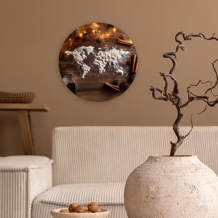 Wereldkaart - Poedersuiker - Hout Wandcirkel plexiglas klein -sfeer1
