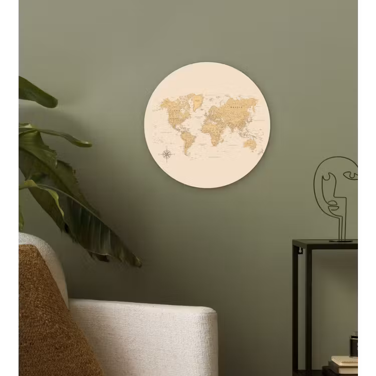Wereldkaart - Realistisch - Beige Wandcirkel plexiglas klein -sfeer3