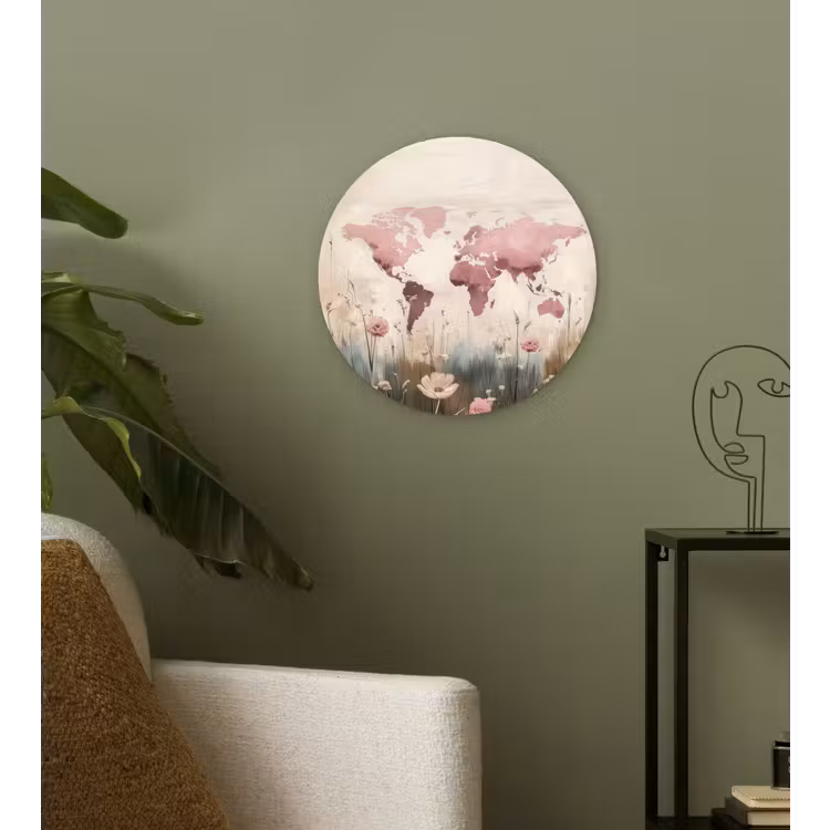 Wereldkaart - Roze - Bloemen Wandcirkel plexiglas klein -sfeer3