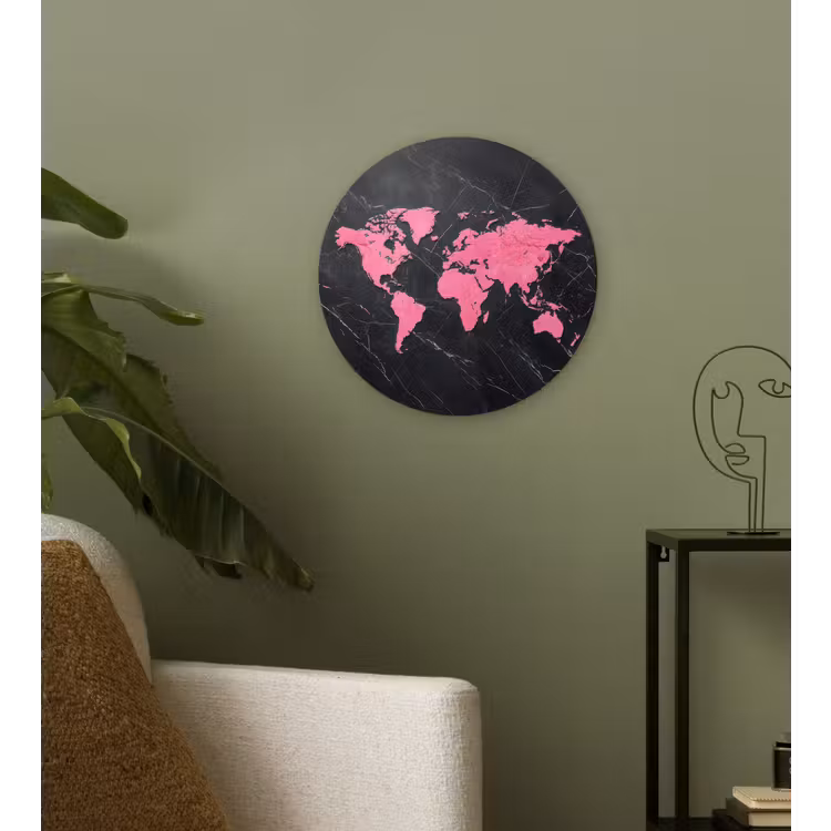 Wereldkaart - Roze - Marmer Wandcirkel plexiglas klein -sfeer3