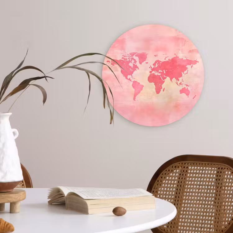 Wereldkaart - Roze - Vaag Wandcirkel plexiglas klein -sfeer4