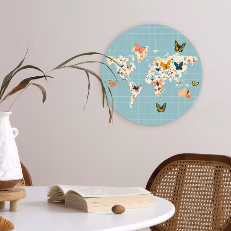 Wereldkaart - Vlinders - Dromerig Wandcirkel plexiglas klein -sfeer4