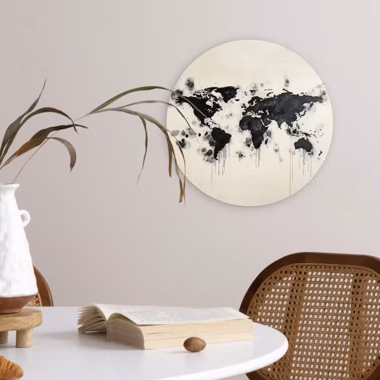 Wereldkaart - Zwart - Inkt Wandcirkel plexiglas klein -sfeer4