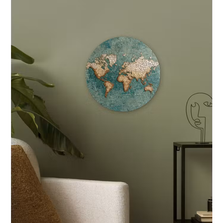 Wereldkaart - Gebroken tegels - Mozaïek Wandcirkel plexiglas klein -sfeer3