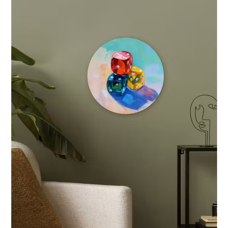 Dobbelstenen - Kleurrijk - Getallen - Stipjes Wandcirkel plexiglas klein -sfeer3