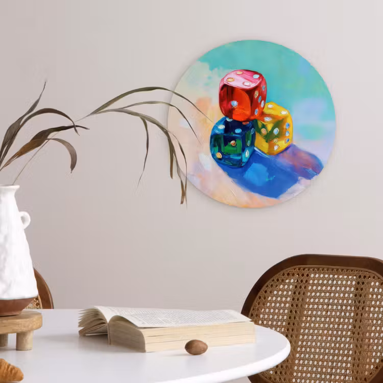 Dobbelstenen - Kleurrijk - Getallen - Stipjes Wandcirkel plexiglas klein -sfeer4