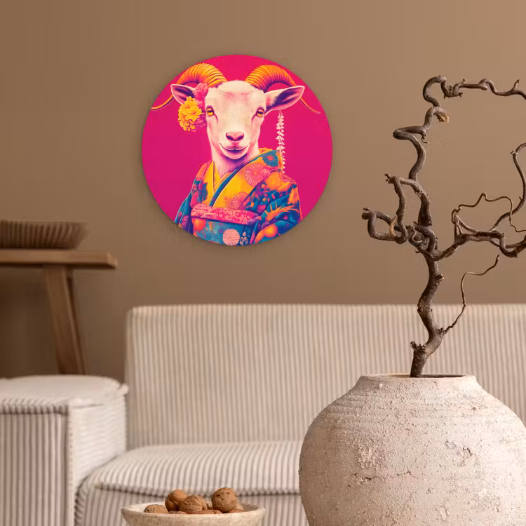 Geit - Hoorns - Kimono - Kleurrijk Wandcirkel plexiglas klein -sfeer1
