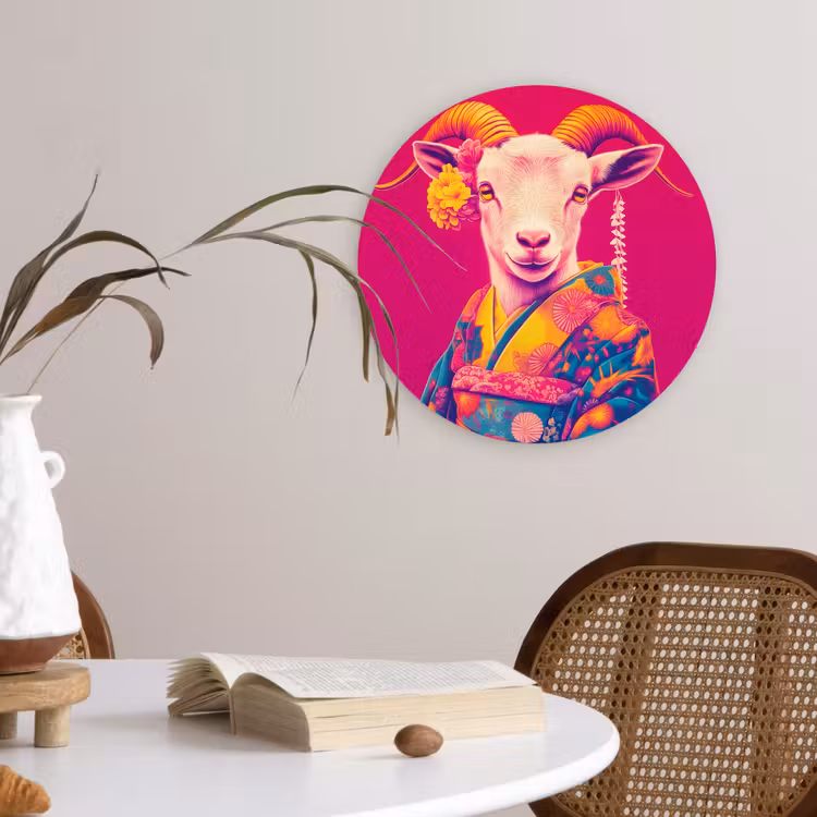 Geit - Hoorns - Kimono - Kleurrijk Wandcirkel plexiglas klein -sfeer4