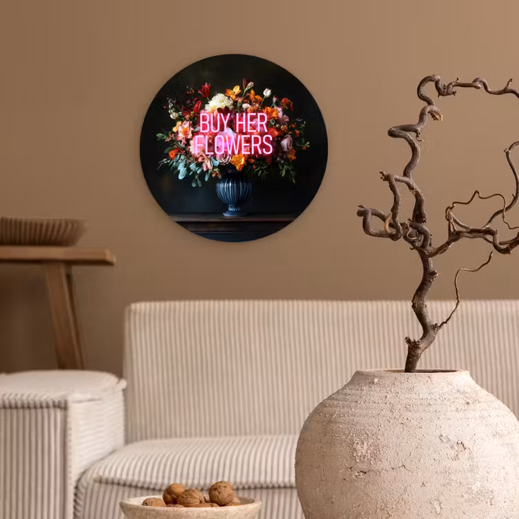 Quote - Bloemen - Vaas - Neon Wandcirkel plexiglas klein -sfeer1
