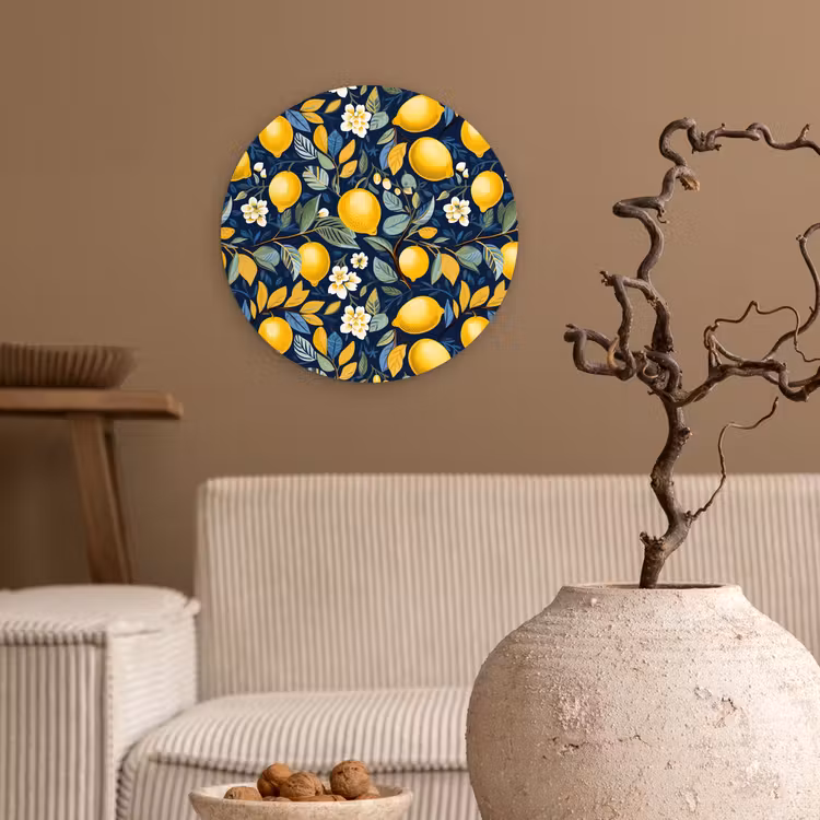 Citroenen - Bloemen - Bladeren - Blauw Wandcirkel plexiglas klein 852 -sfeer1