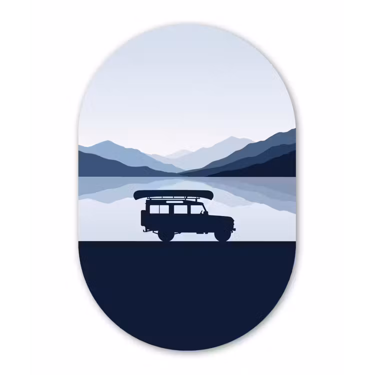 Auto - Meer - Bergen - Blauw Wandcirkel Ovaal Aluminium middel -3d