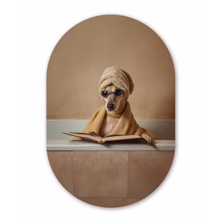 Bad - Hond - Boek - Zonnebril Wandcirkel Ovaal Aluminium middel -3d