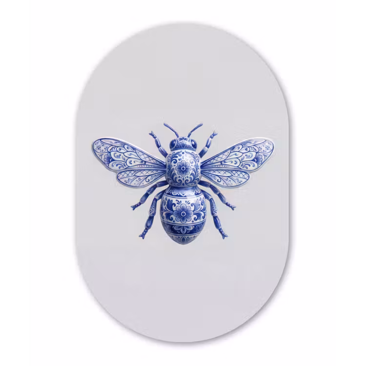 Bij - Modern - Delfts - Blauw Wandcirkel Ovaal Aluminium middel -3d
