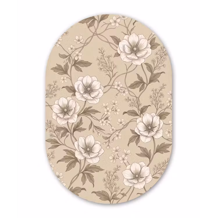 Bloemen - Patroon - Beige Wandcirkel Ovaal Aluminium middel -3d