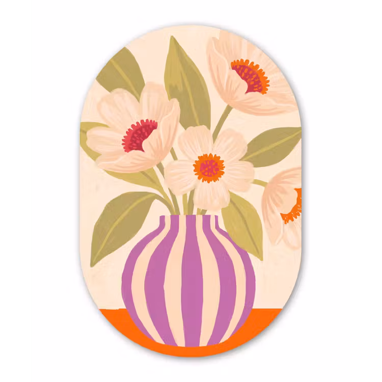 Bloemen - Vaas - Abstract - Paars - Oranje Wandcirkel Ovaal Aluminium middel -3d