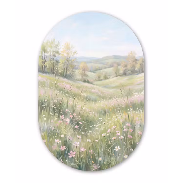 Bloemen veld - Bloemen - Groen Wandcirkel Ovaal Aluminium middel -3d