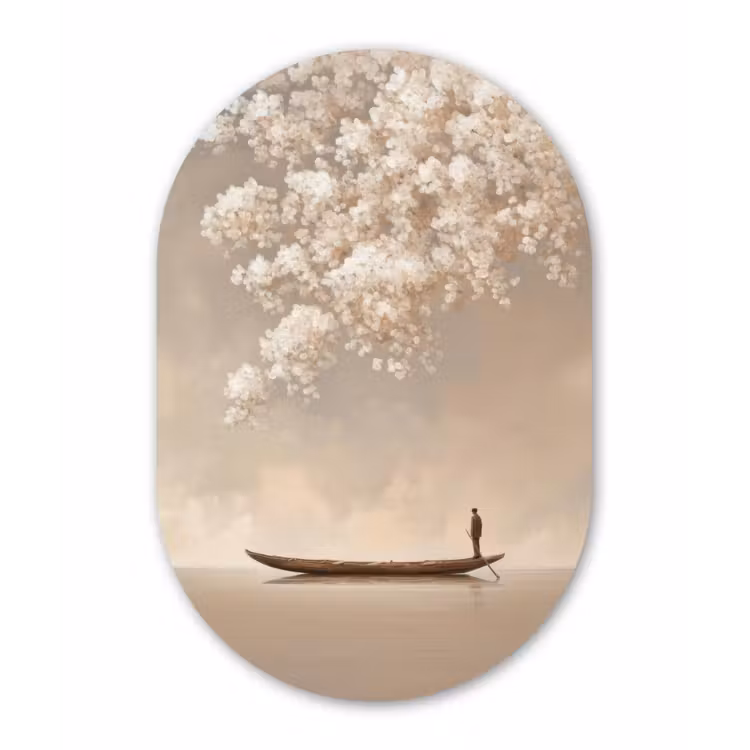 Bloesems - Wit - Boot - Minimalistisch Wandcirkel Ovaal Aluminium middel -3d