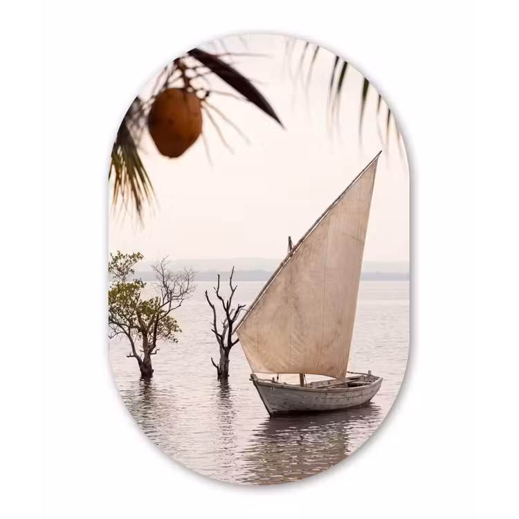Boot - Zeil - Water - Tropisch - Natuur Wandcirkel Ovaal Aluminium middel -3d