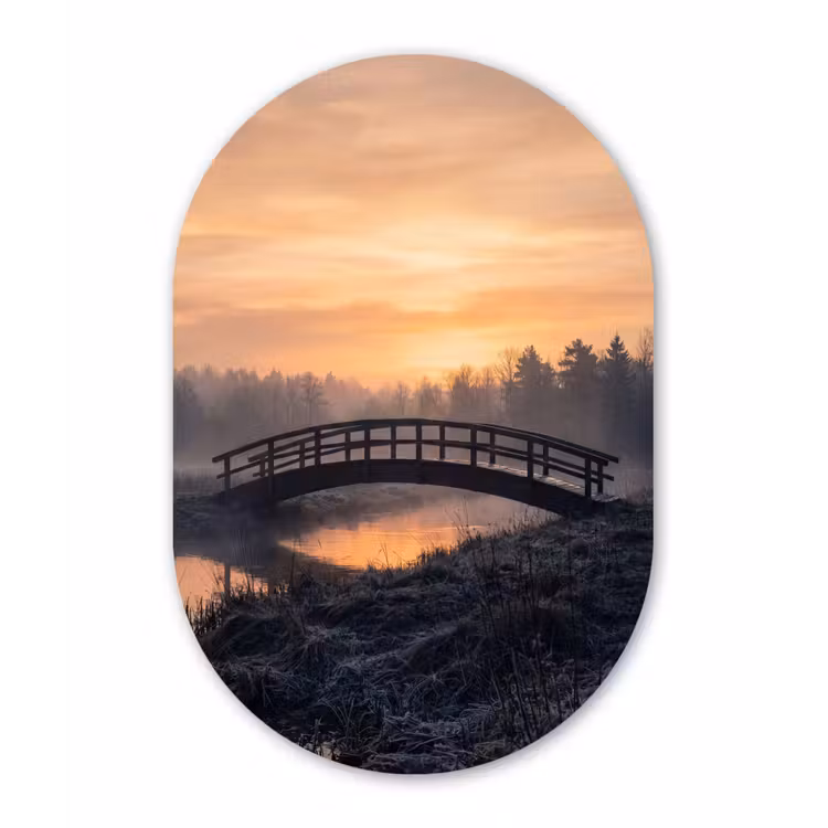Brug - Mist - Bomen - Water Wandcirkel Ovaal Aluminium middel -3d