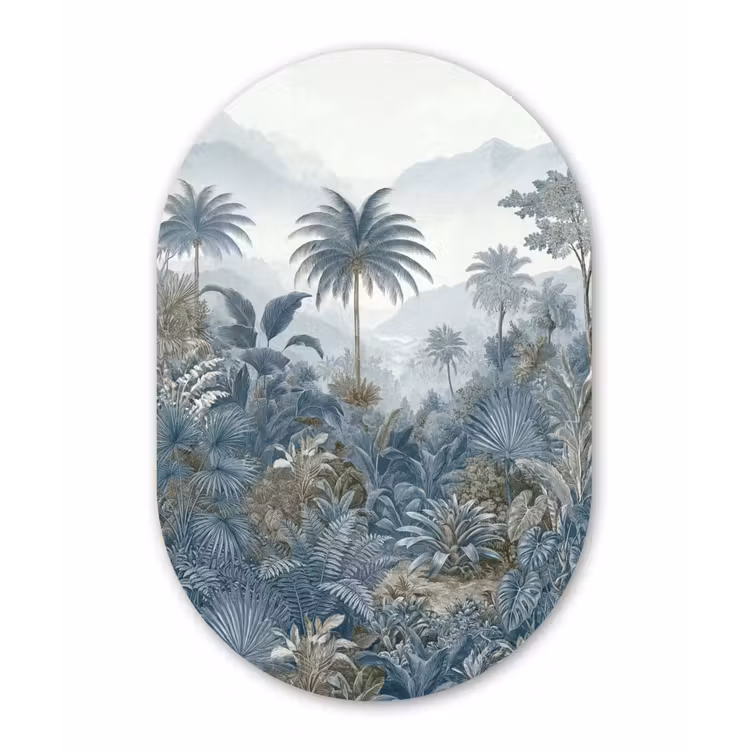 Jungle - Landschap - Blauw Wandcirkel Ovaal Aluminium middel -3d