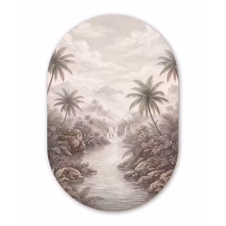 Jungle - Watervallen - Tropisch - Illustratie Wandcirkel Ovaal Aluminium middel -3d