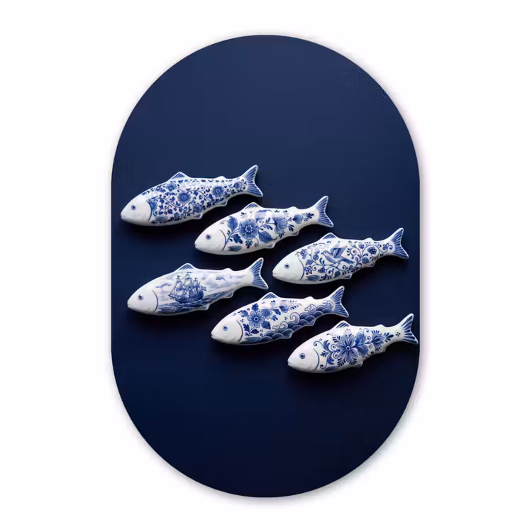 Vissen - Delfts - Blauw - Keramiek Wandcirkel Ovaal Aluminium middel -3d