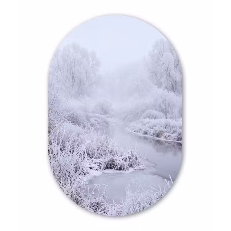Rivier - Sneeuw - Bos - Winter - Schilderachtig Wandcirkel Ovaal Aluminium middel -3d