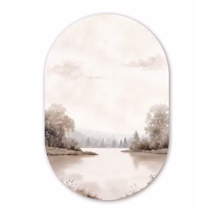 Rivierlandschap - Minimalistisch - Aardetinten Wandcirkel Ovaal Aluminium middel -3d