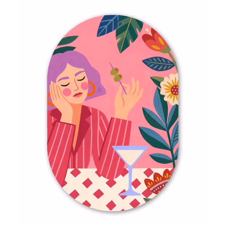 Vrouw - Cocktail - Bloemen - Modern - Roze Wandcirkel Ovaal Aluminium middel -3d