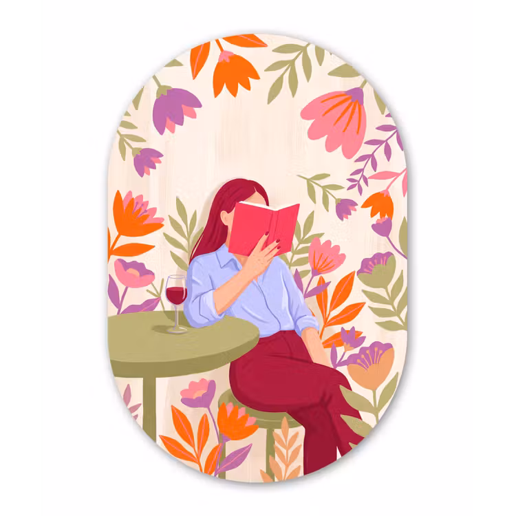 Vrouw - Lezen - Thuis - Modern - Bloemen Wandcirkel Ovaal Aluminium middel -3d