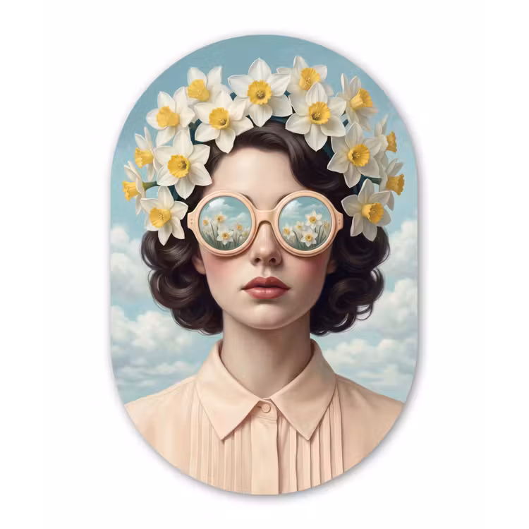 Vrouw - Narcissen - Geel Wandcirkel Ovaal Aluminium middel -3d