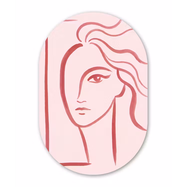 Vrouw - Portret - Abstract - Lijnkunst - Rood Wandcirkel Ovaal Aluminium middel -3d