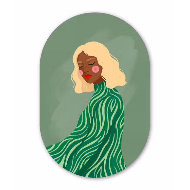 Vrouw - Portret - Illustratie - Modern - Groen Wandcirkel Ovaal Aluminium middel -3d