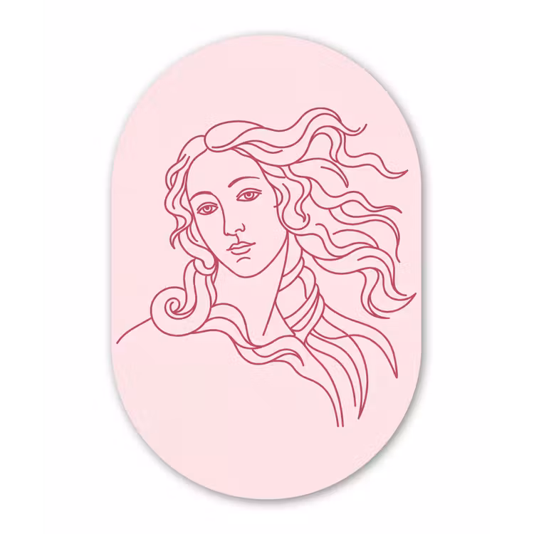 Vrouw - Portret - Klassiek - Line-art - Roze Wandcirkel Ovaal Aluminium middel -3d
