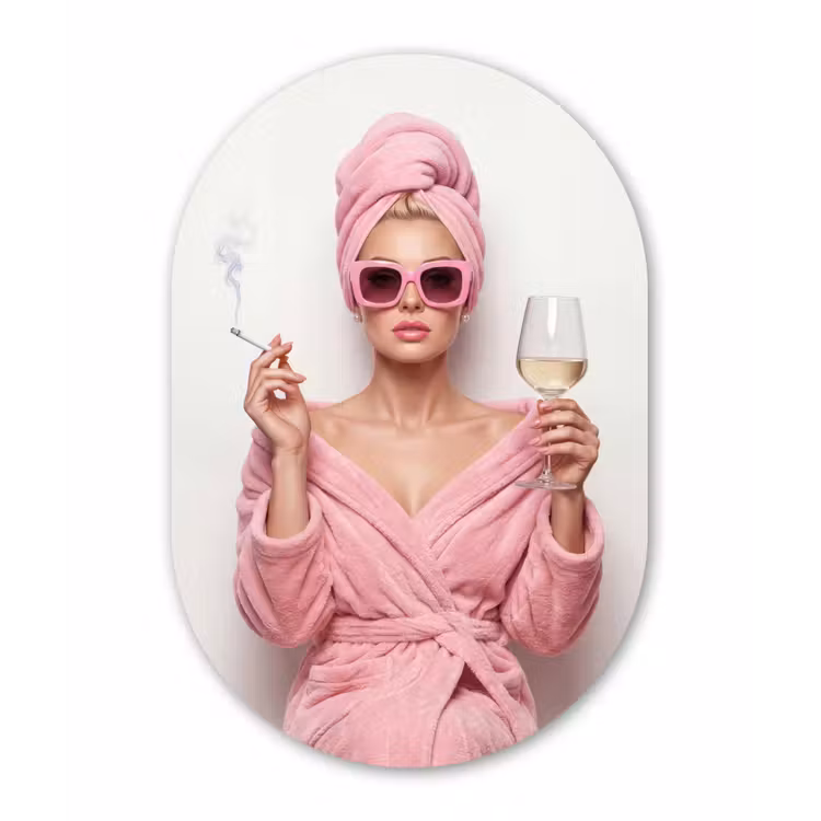 Vrouw - Roze - Wijn - Zonnebril Wandcirkel Ovaal Aluminium middel -3d