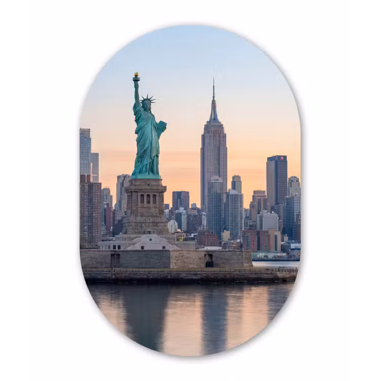Vrijheidsbeeld - New York - Zonsopgang - Stad - Architectuur Wandcirkel Ovaal Aluminium middel -3d
