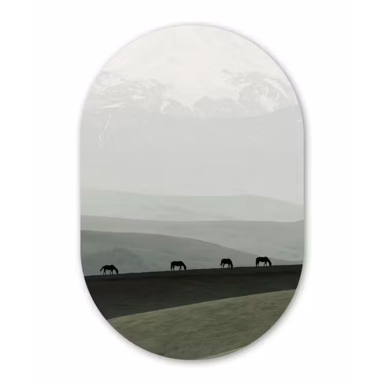 Grijs - Berg - Paarden Wandcirkel Ovaal Aluminium middel -3d
