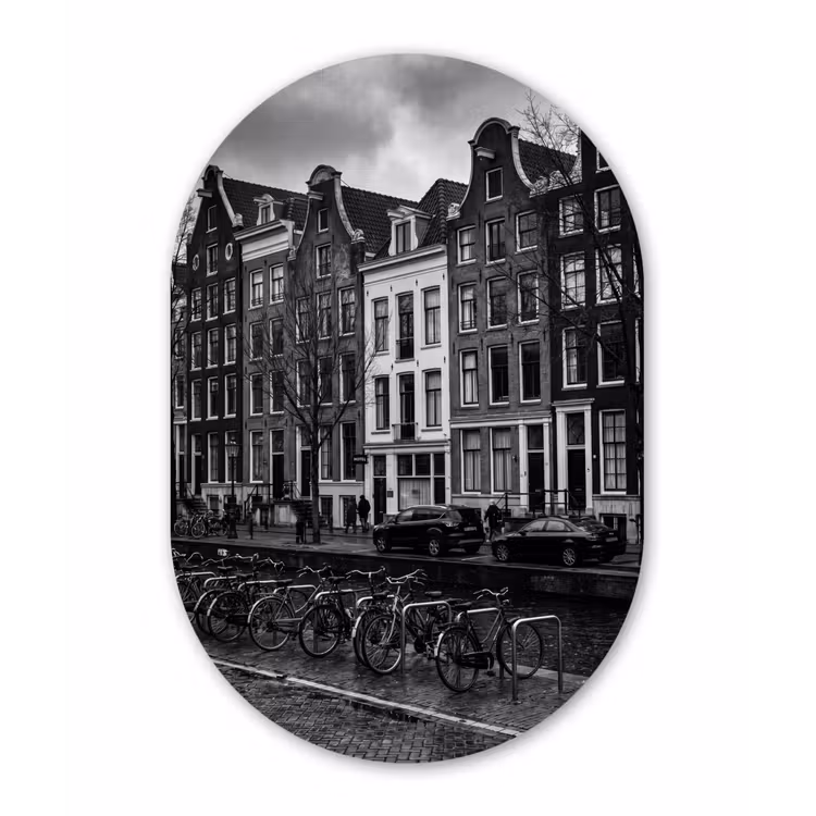 Huis - Gracht - Amsterdam - Architectuur - Zwart-wit Wandcirkel Ovaal Aluminium middel -3d