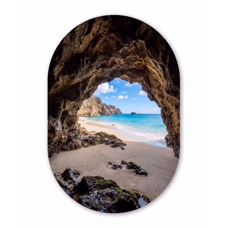 Grot - Strand - Zee - Blauw Wandcirkel Ovaal Aluminium middel -3d