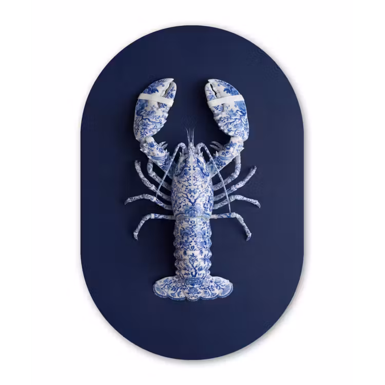 Kreeft - Porselein - Delfts - Blauw Wandcirkel Ovaal Aluminium middel -3d