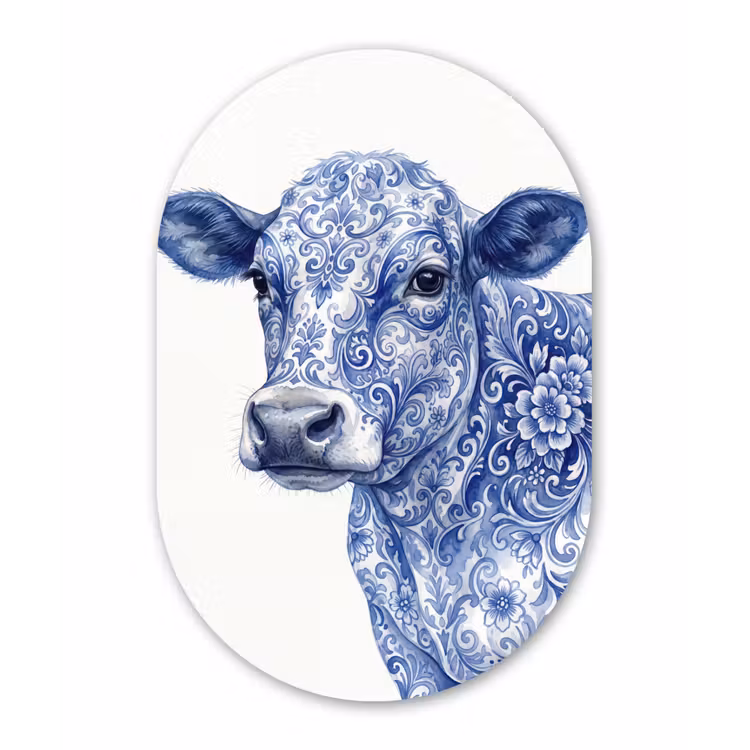Illustratie - Koe - Blauw Wandcirkel Ovaal Aluminium middel -3d