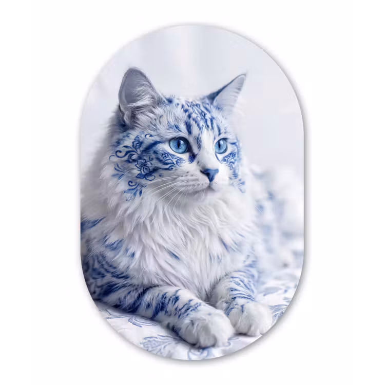 Kat - Patroon - Blauw Wandcirkel Ovaal Aluminium middel -3d