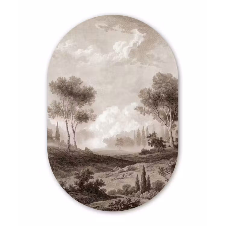 Klassiek - Landschap - Neutraal Wandcirkel Ovaal Aluminium middel -3d