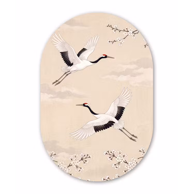 Kraanvogels - Bloesem - Beige Wandcirkel Ovaal Aluminium middel -3d