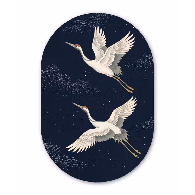 Kraanvogels - Nachthemel - Blauw Wandcirkel Ovaal Aluminium middel -3d
