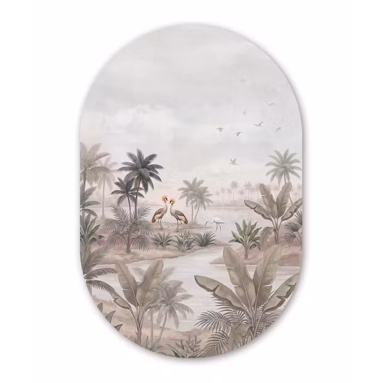 Kraanvogels - Palmbomen - Tropisch Wandcirkel Ovaal Aluminium middel -3d
