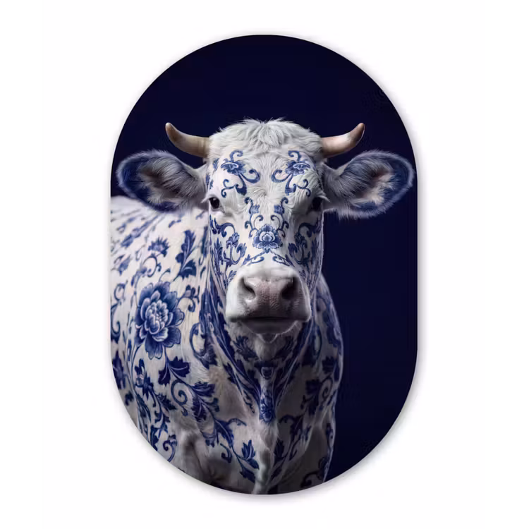 Koe - Delfts - Blauw - Artistiek Wandcirkel Ovaal Aluminium middel -3d