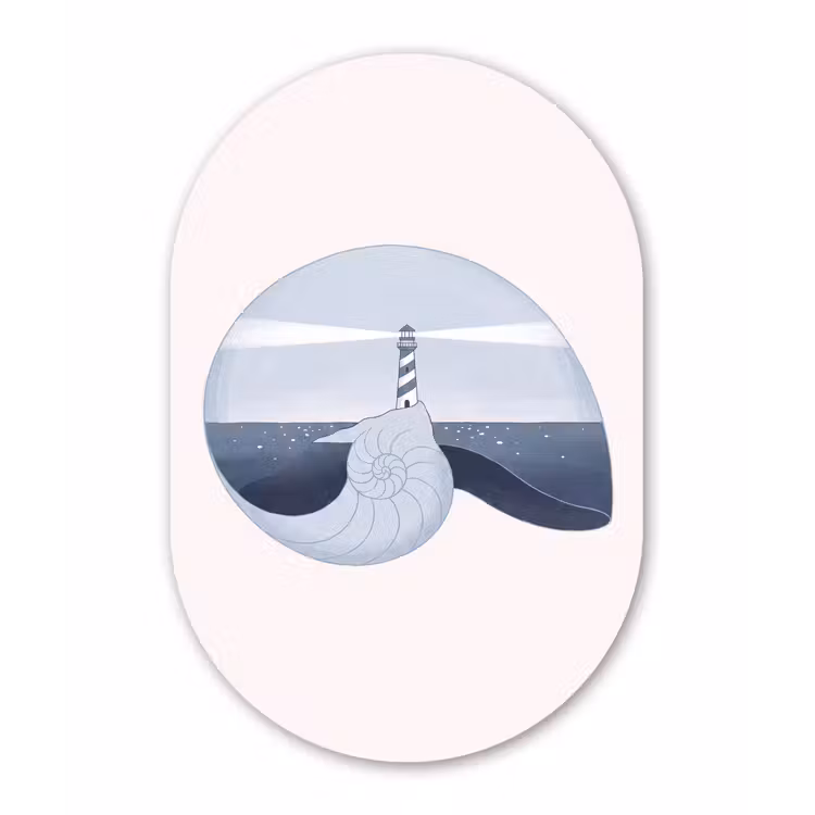 Vuurtoren - Zee - Schelp - Abstract - Blauw Wandcirkel Ovaal Aluminium middel -3d