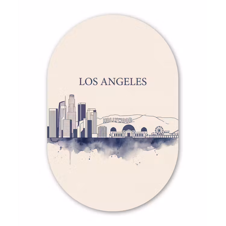 Los Angeles - Skyline - Architectuur - Aquarel - Blauw Wandcirkel Ovaal Aluminium middel -3d