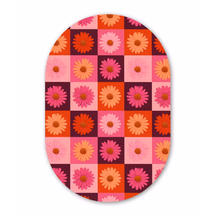 Madeliefjes - Dambord - Retro - Roze - Oranje Wandcirkel Ovaal Aluminium middel 839 -3d